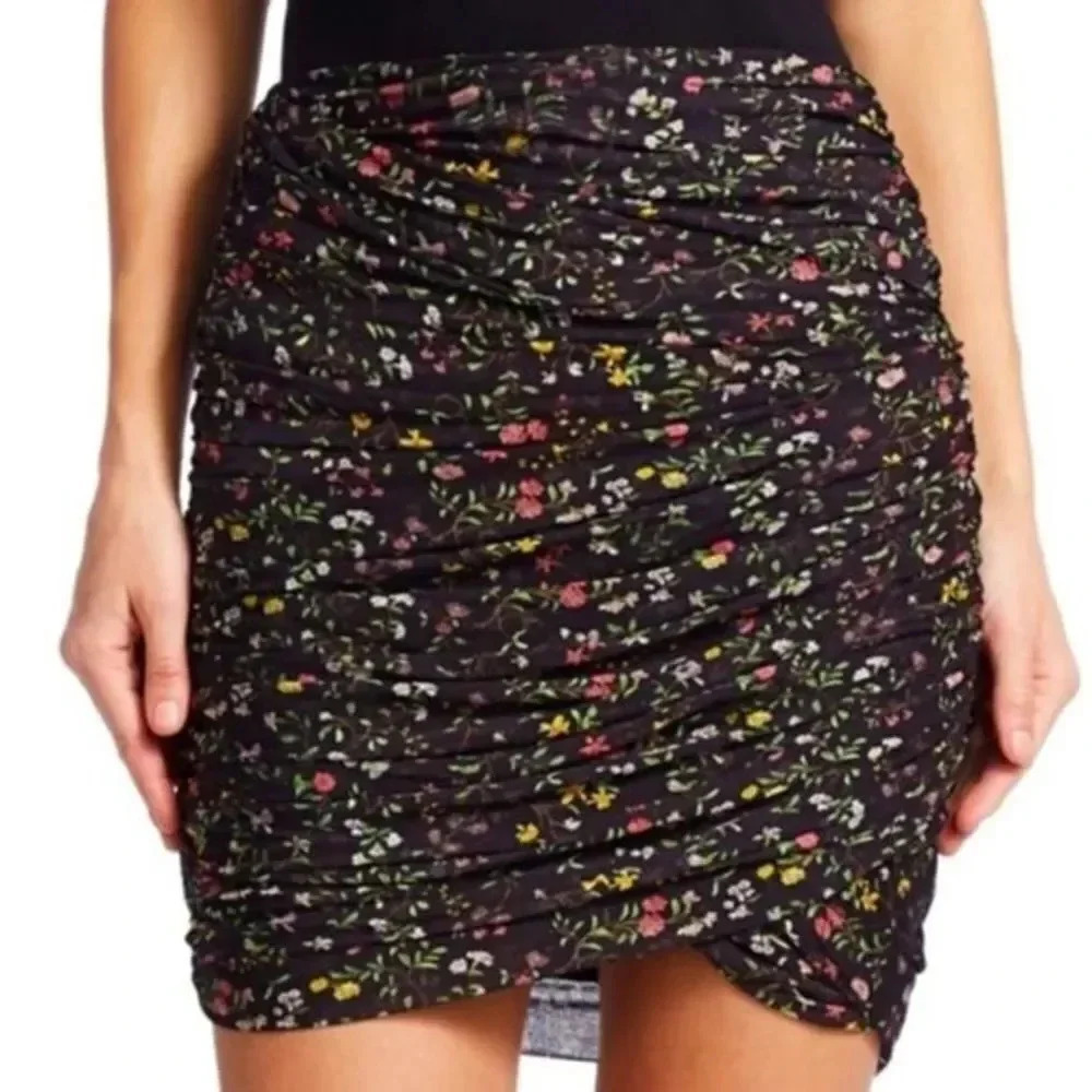NWT ABOUND RUCHED BODYCON STRETCH SKIRT BLACK  DITSEY FLORAL PATTERN SIZE Xs